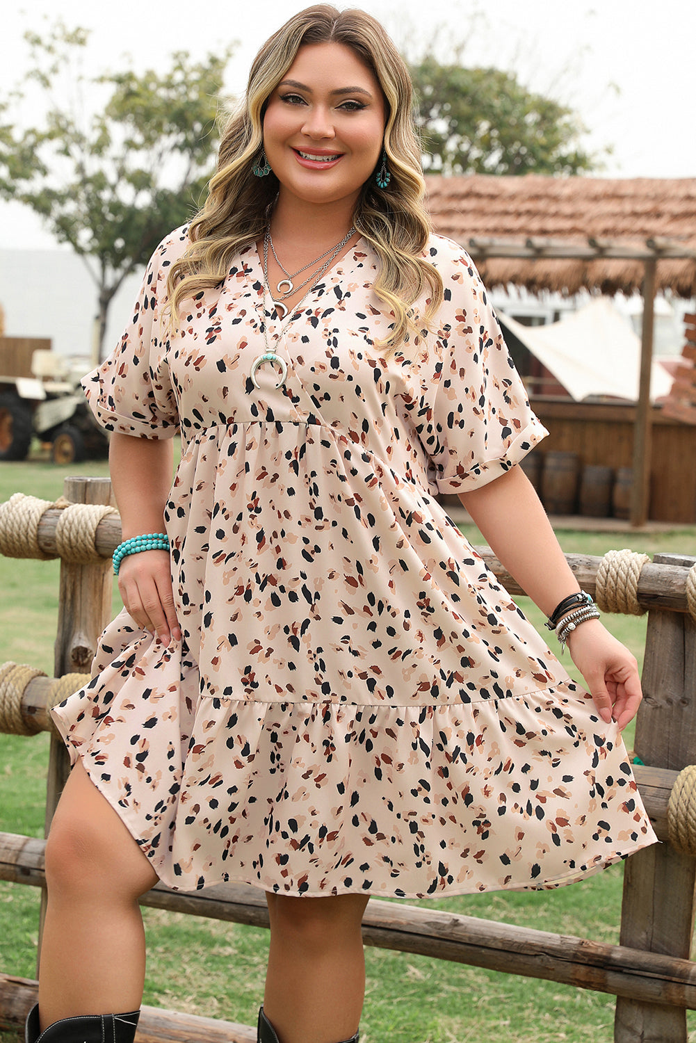 Leila Plus Size Cuffed Sleeve Empire Waist Dress