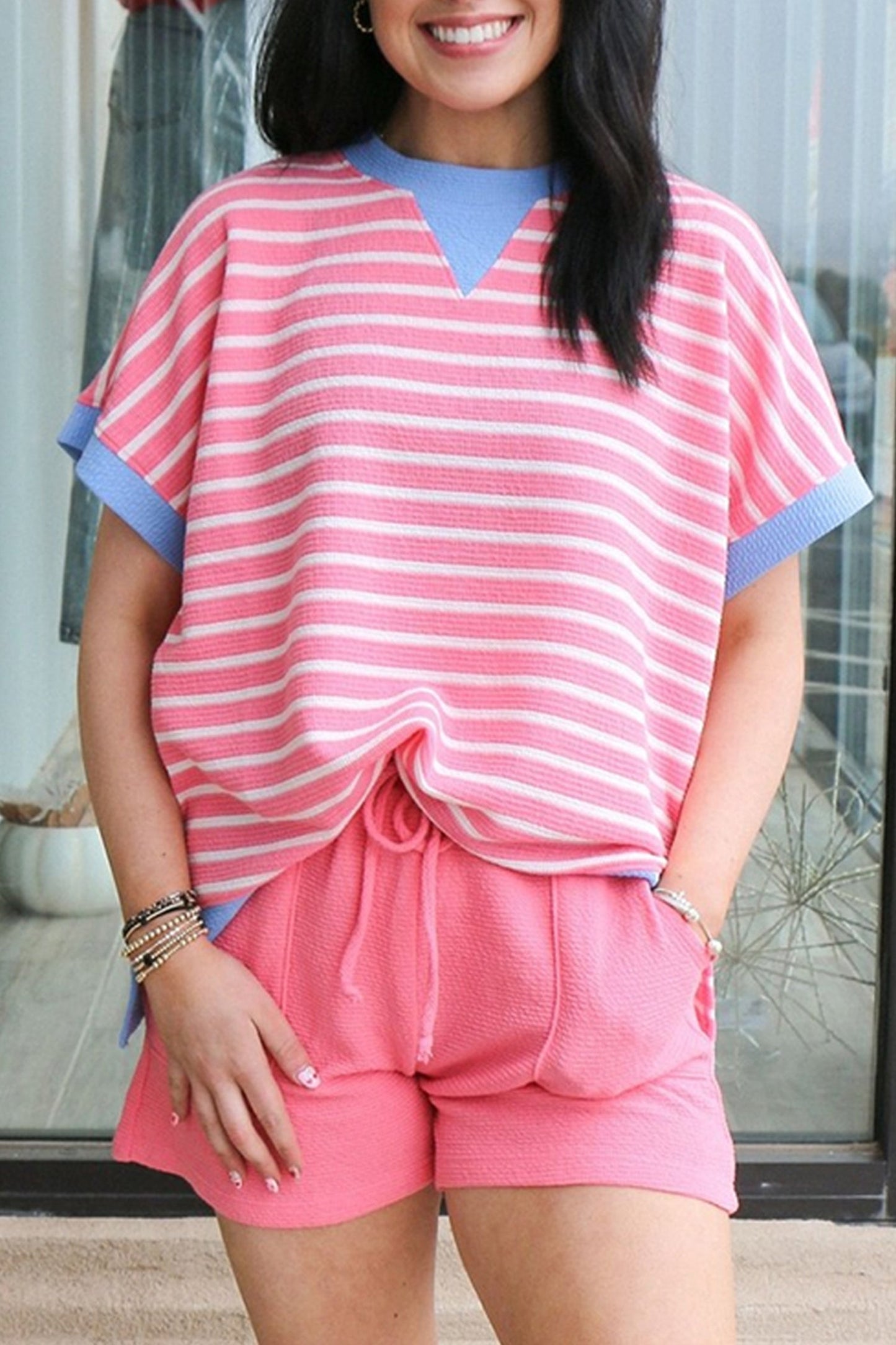 Stripe Contrast Trim Short Sleeve Top