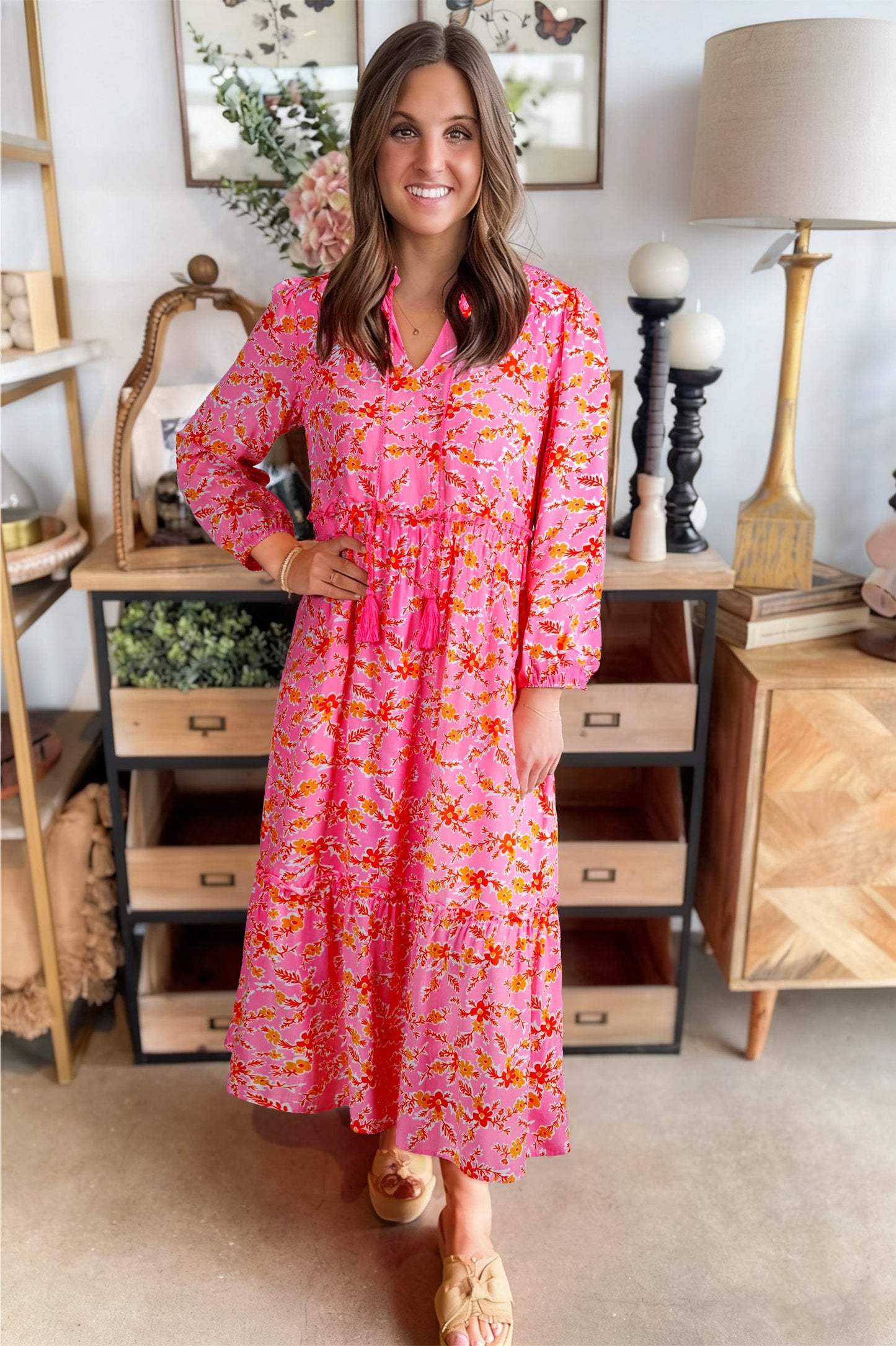 Pink Floral Long Sleeve Tassel Tied V Neck Maxi Dress