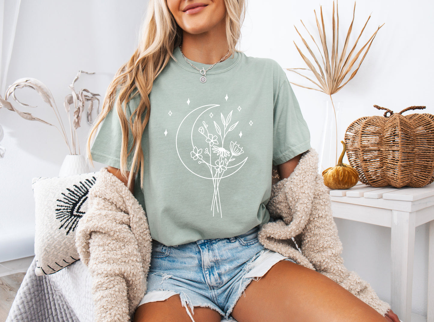 Flower and Moon Nature botanical Garment Dyed T Shirt