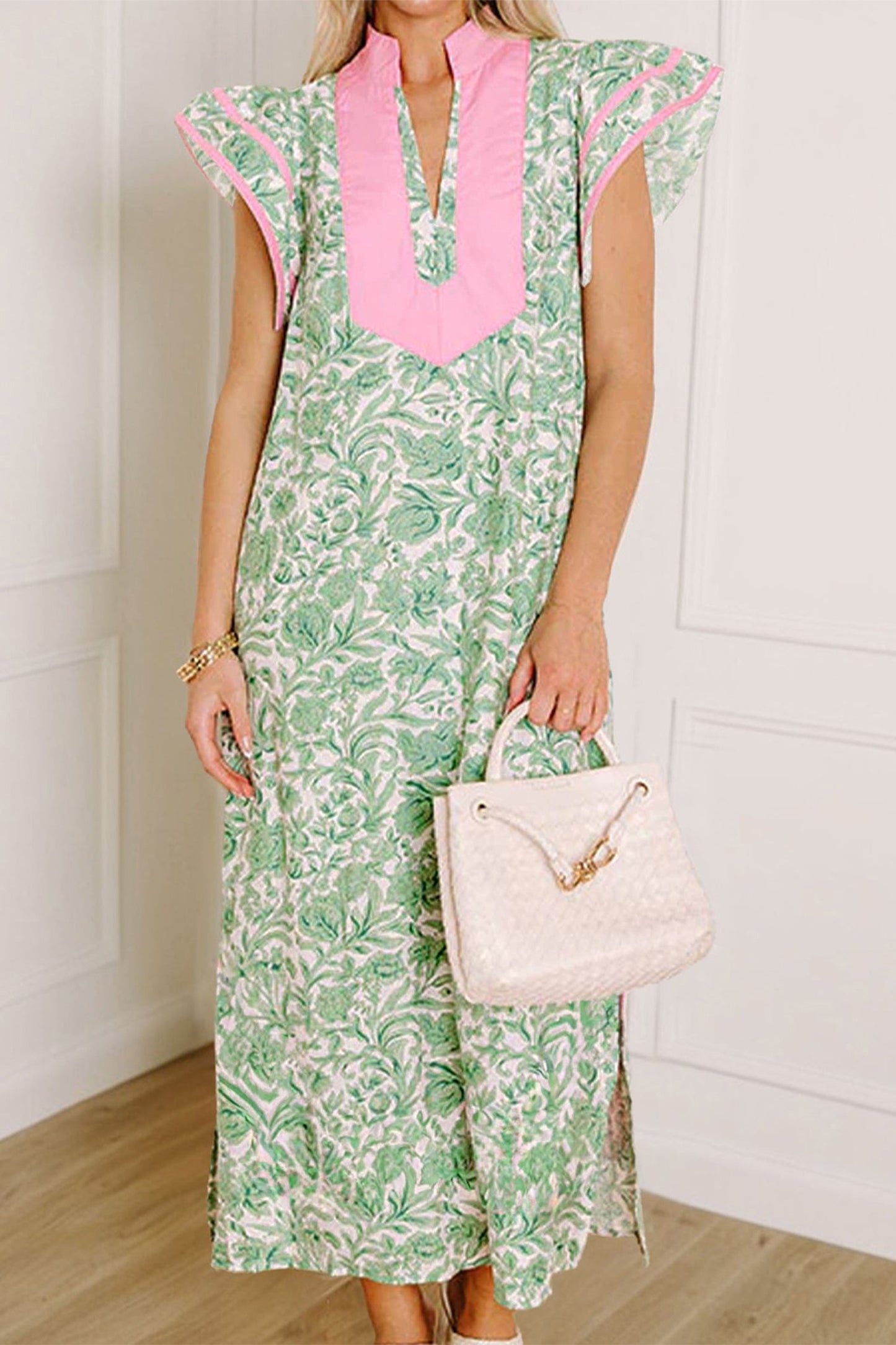 Floral Colorblock Patchwork V-Neck Midi Dress