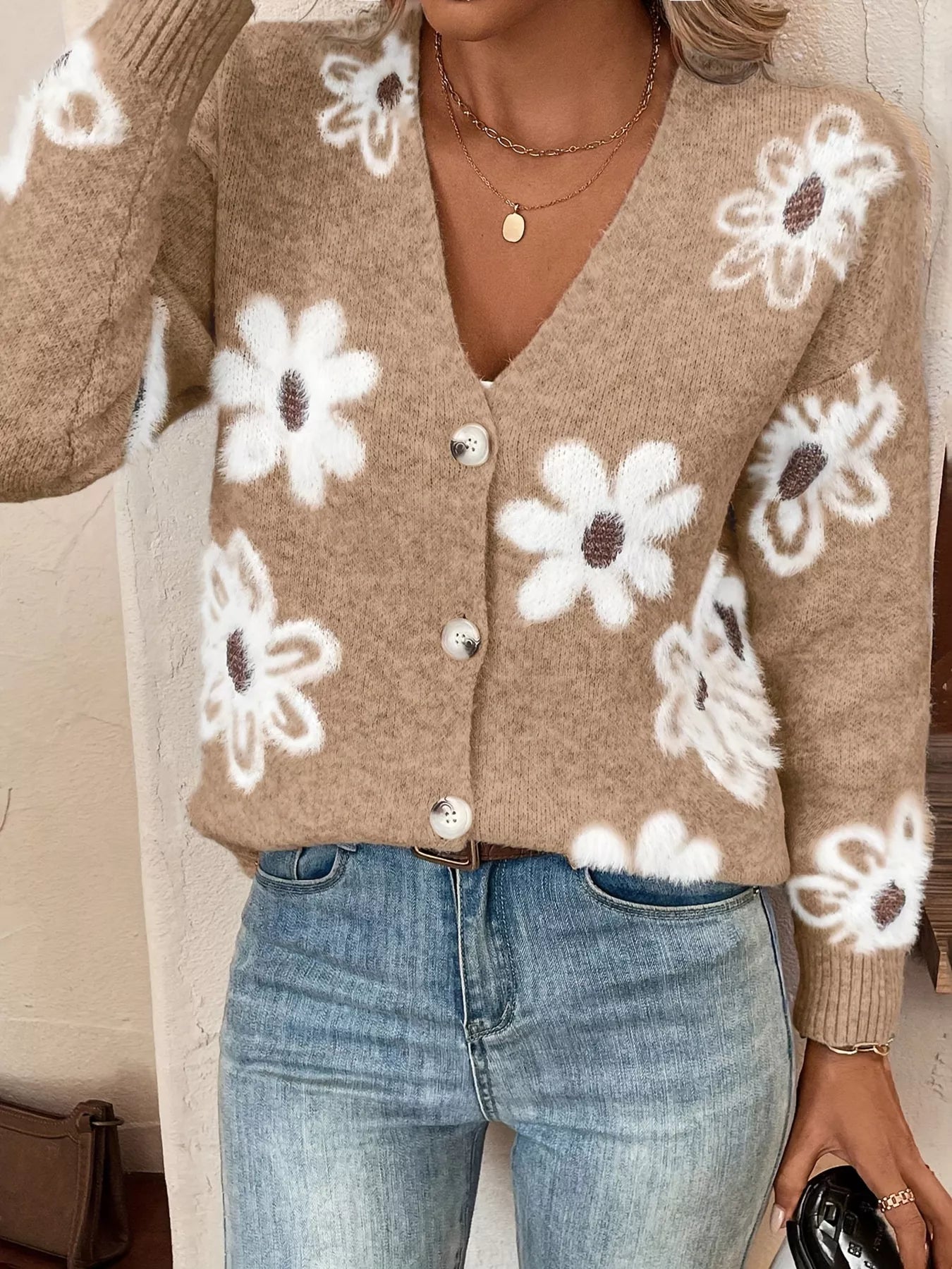 Floral Print Button-Up Knit Cardigan