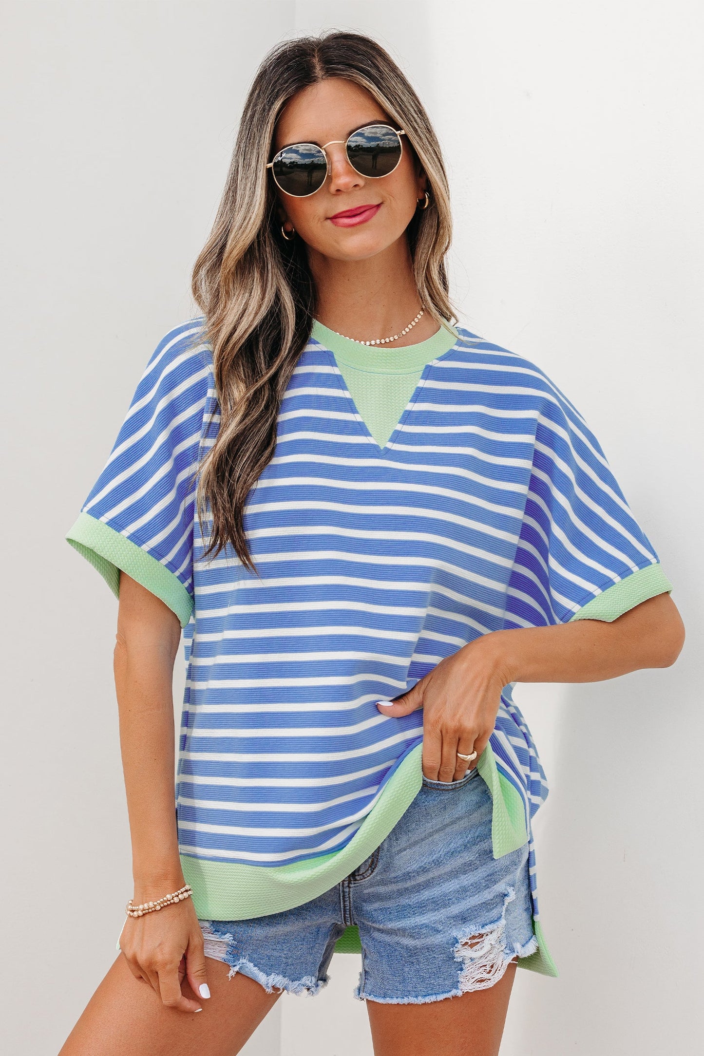 Stripe Contrast Trim Short Sleeve Top