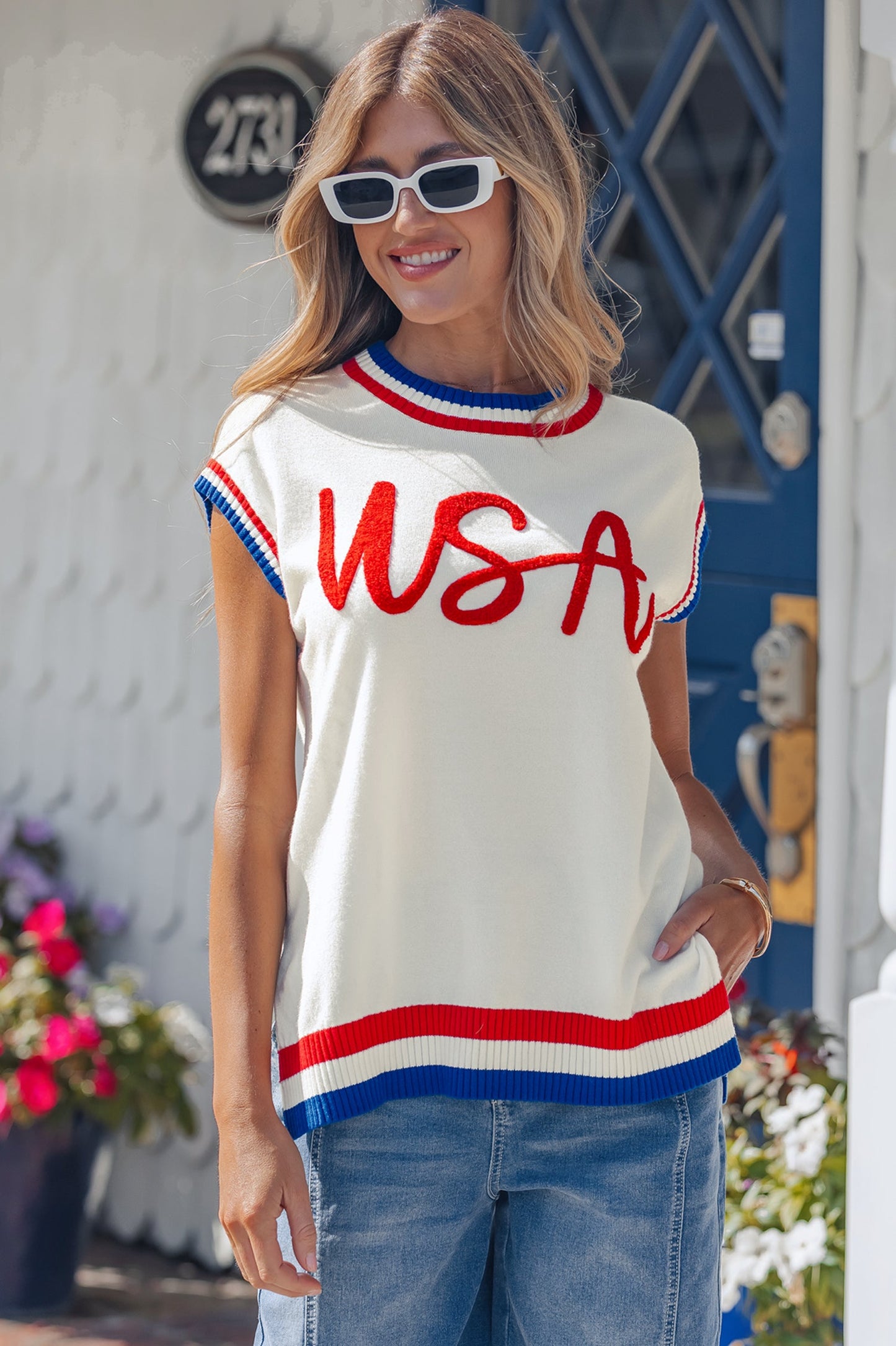 USA Stripe Contrast Trim Short Sleeve Sweater