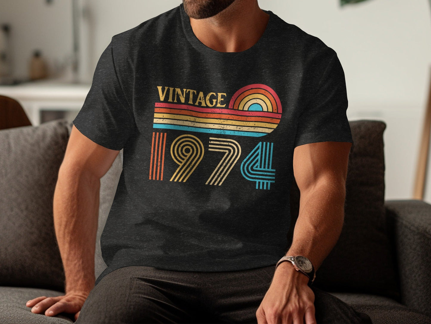 Vintage 1974 Retro Rainbow Distressed Design T-Shirt