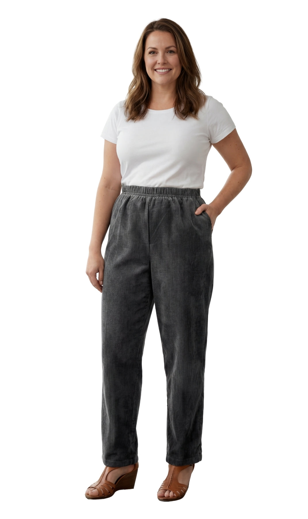 Womens Pull On Fine Wale Corduroy Pants with soft-covered elastic waist