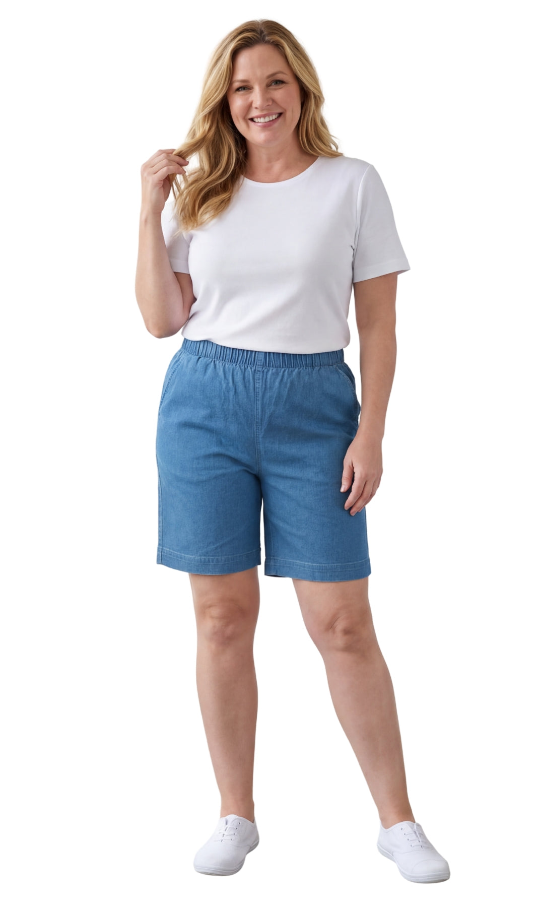 Women's Pull On Denim & Twill Shorts with stretch waist - No zipper or buttons