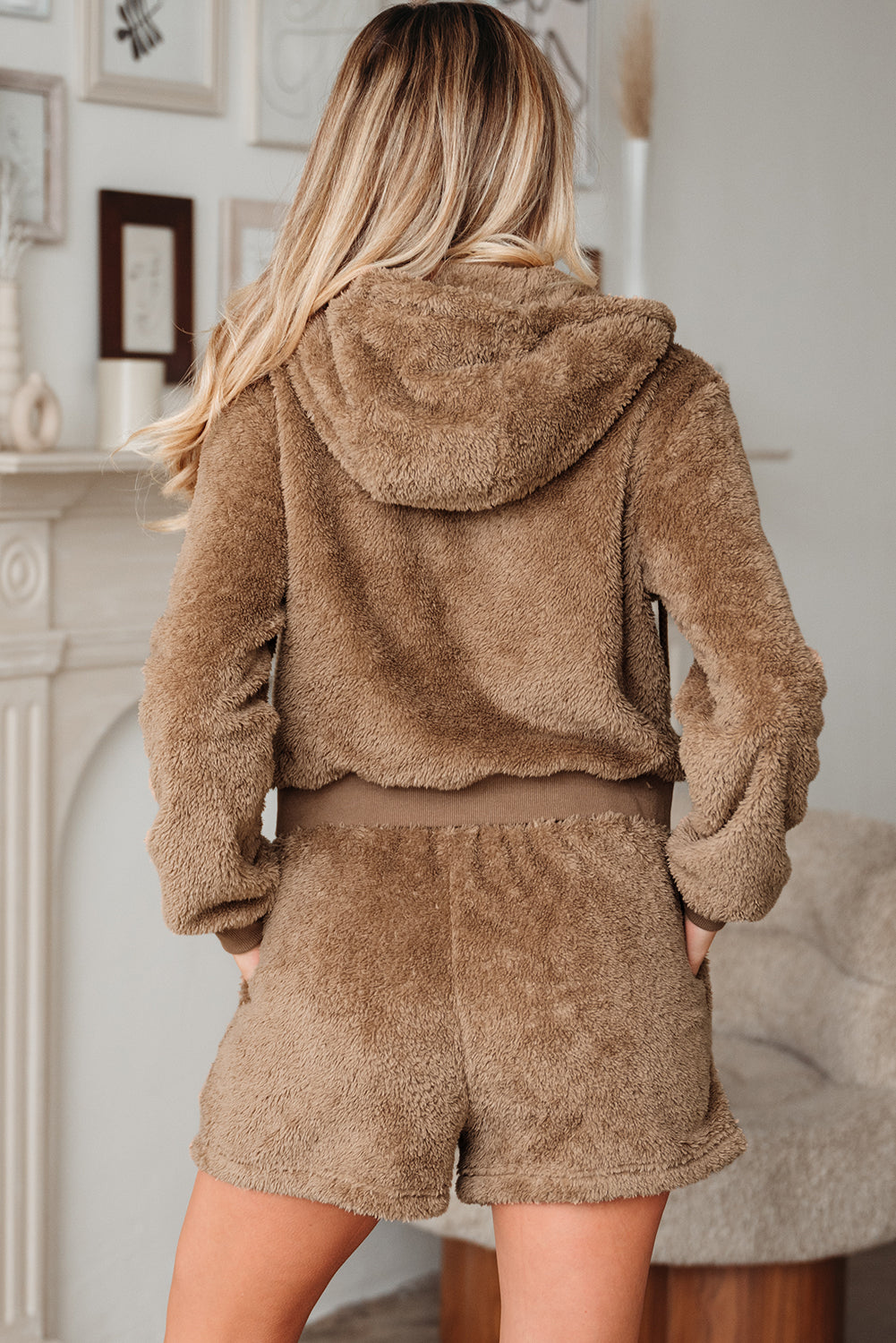 Parchment Zip Up Hoodie Drawstring Shorts Sherpa 2pcs Outfit