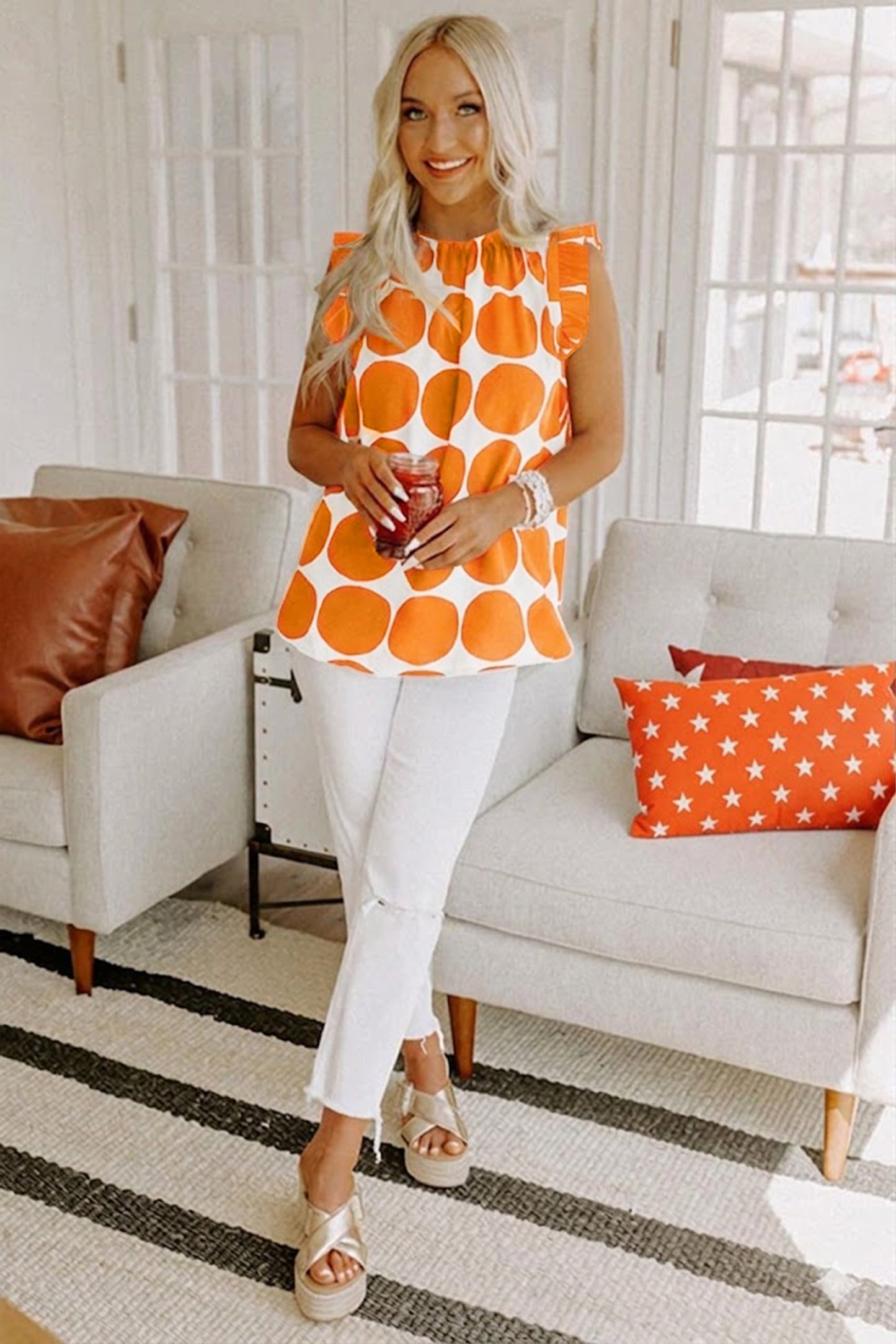 Polka Dot Frilled Round Neck Tank Top