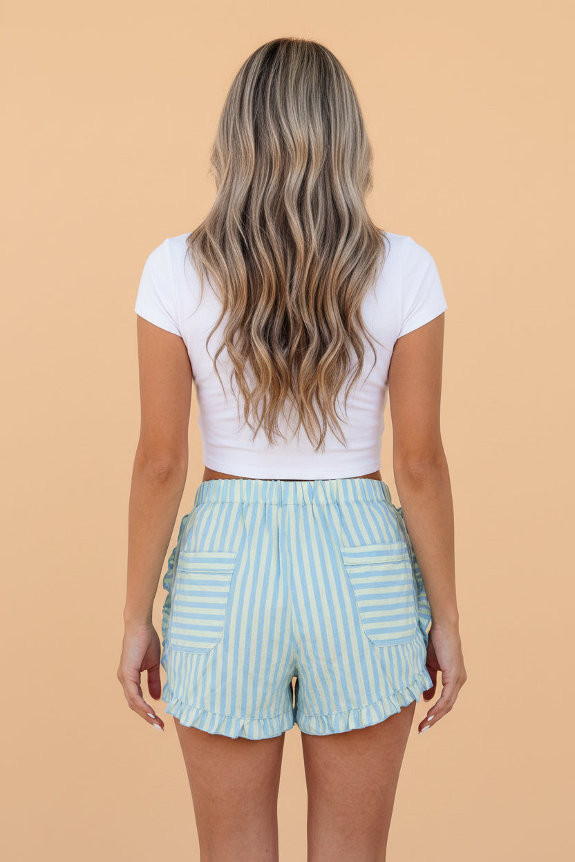 Stripe Ruffle Trim Elastic Waist Shorts