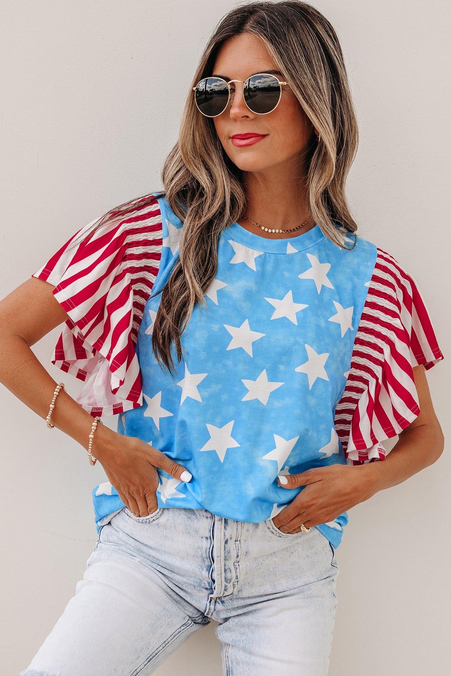 Stars & Stripes Mineral Wash Ruffle Sleeve Top