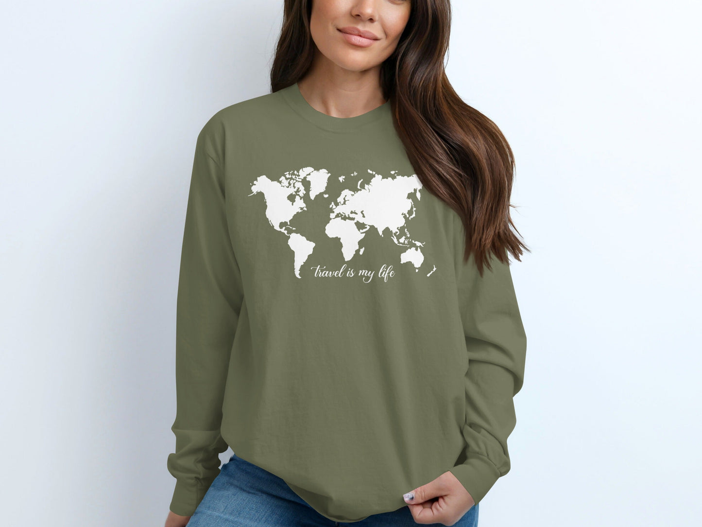 Travel Is My Life World Map Simple Modern Long Sleeve T-Shirt