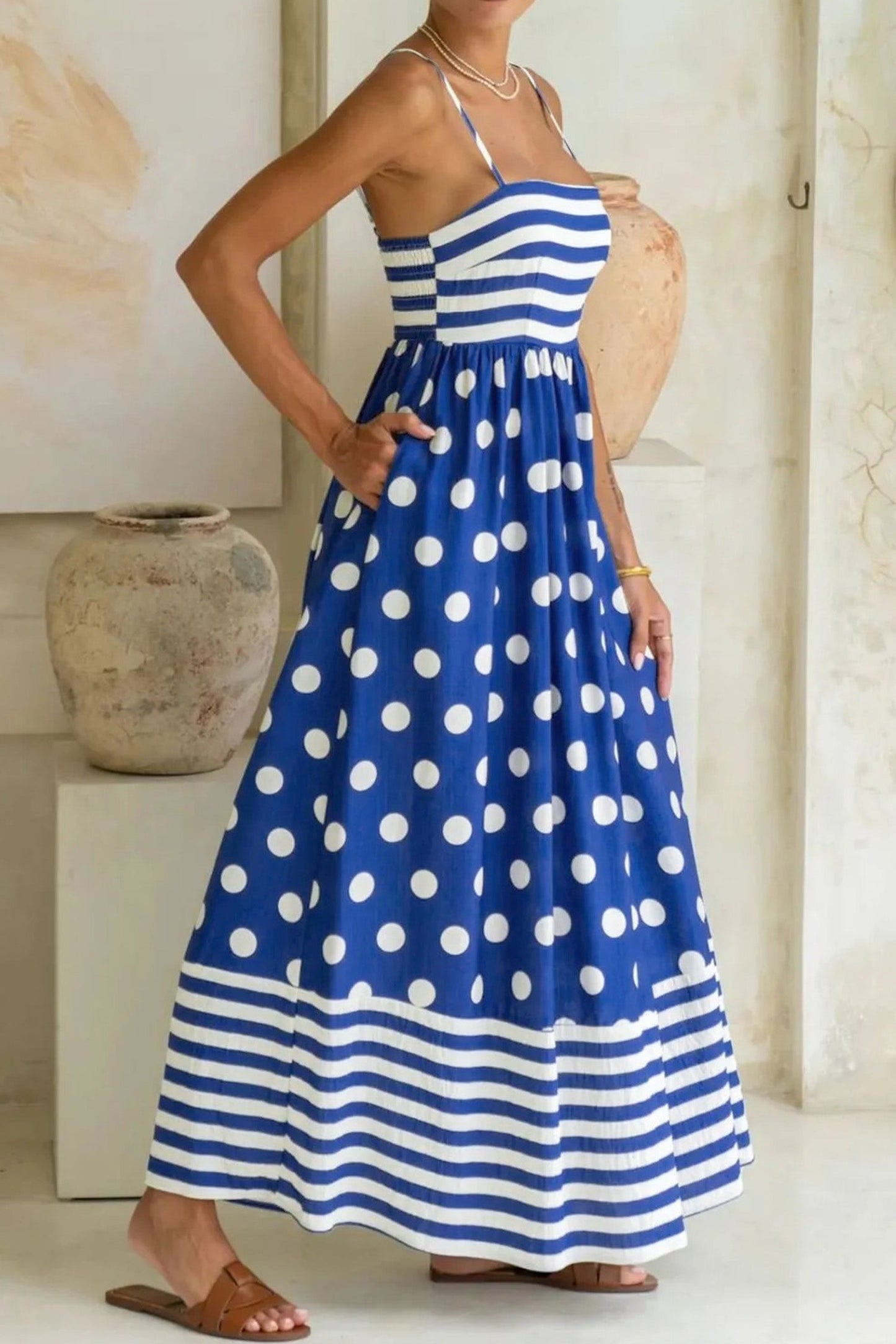 Stripe Polka Dot Patchwork High Waist Maxi Dress