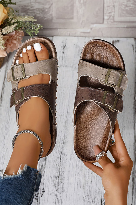 Coffee Two-tone Retro Buckle Straps Hollowed Faux Suede Slippers