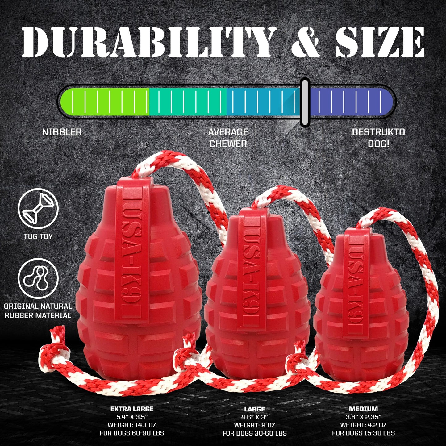 USA-K9 Grenade Shaped Rubber Dog Toy - Chew, Treat Dispenser & Tug Toy | USA