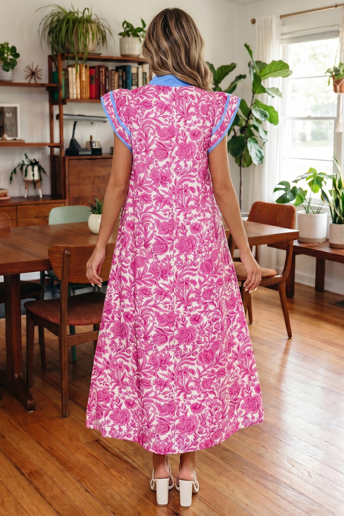 Floral Colorblock Patchwork V-Neck Midi Dress