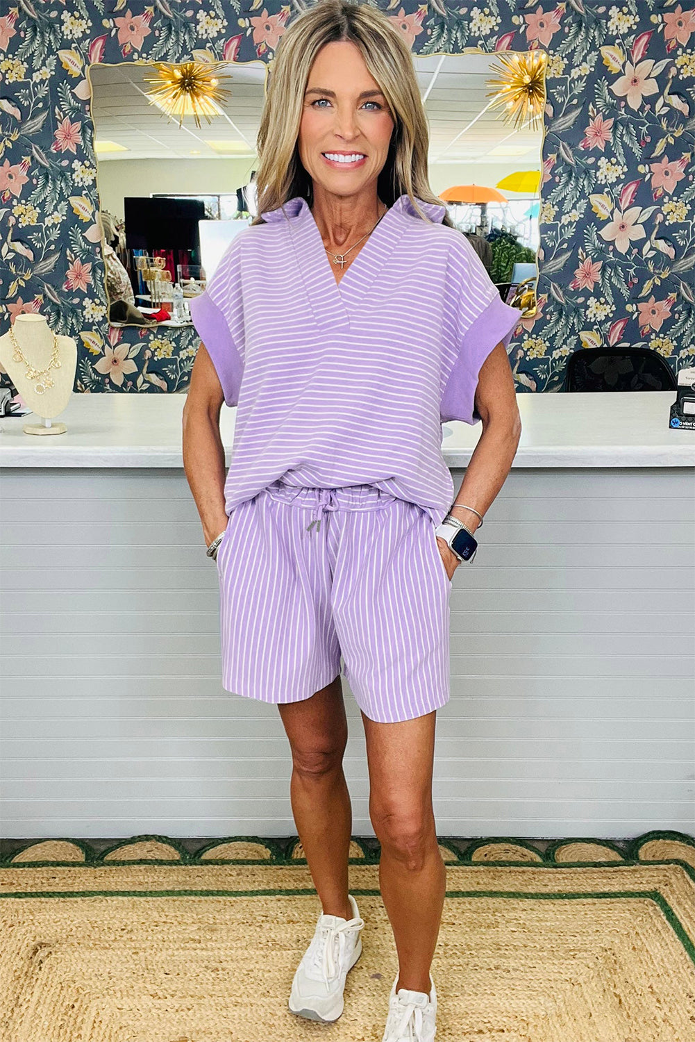 Stripe Dolman Sleeve Polo Shirt & Drawstring Shorts Set