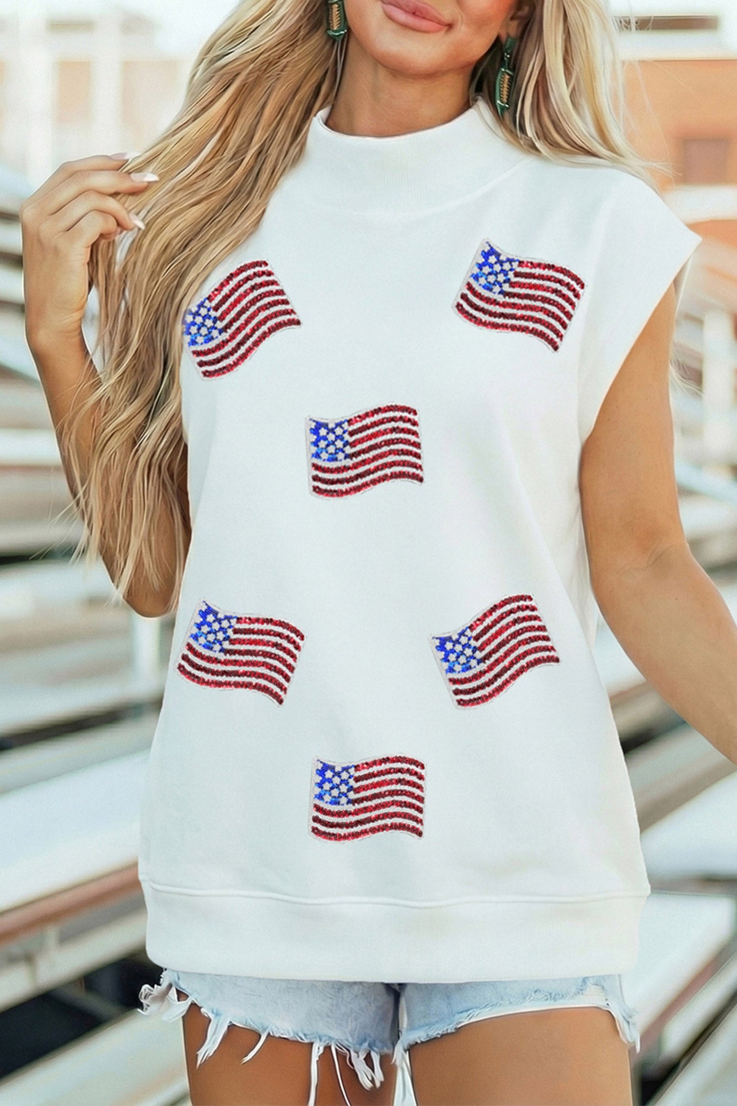 White Sequin American Flag Mock Neck Short Sleeve Top