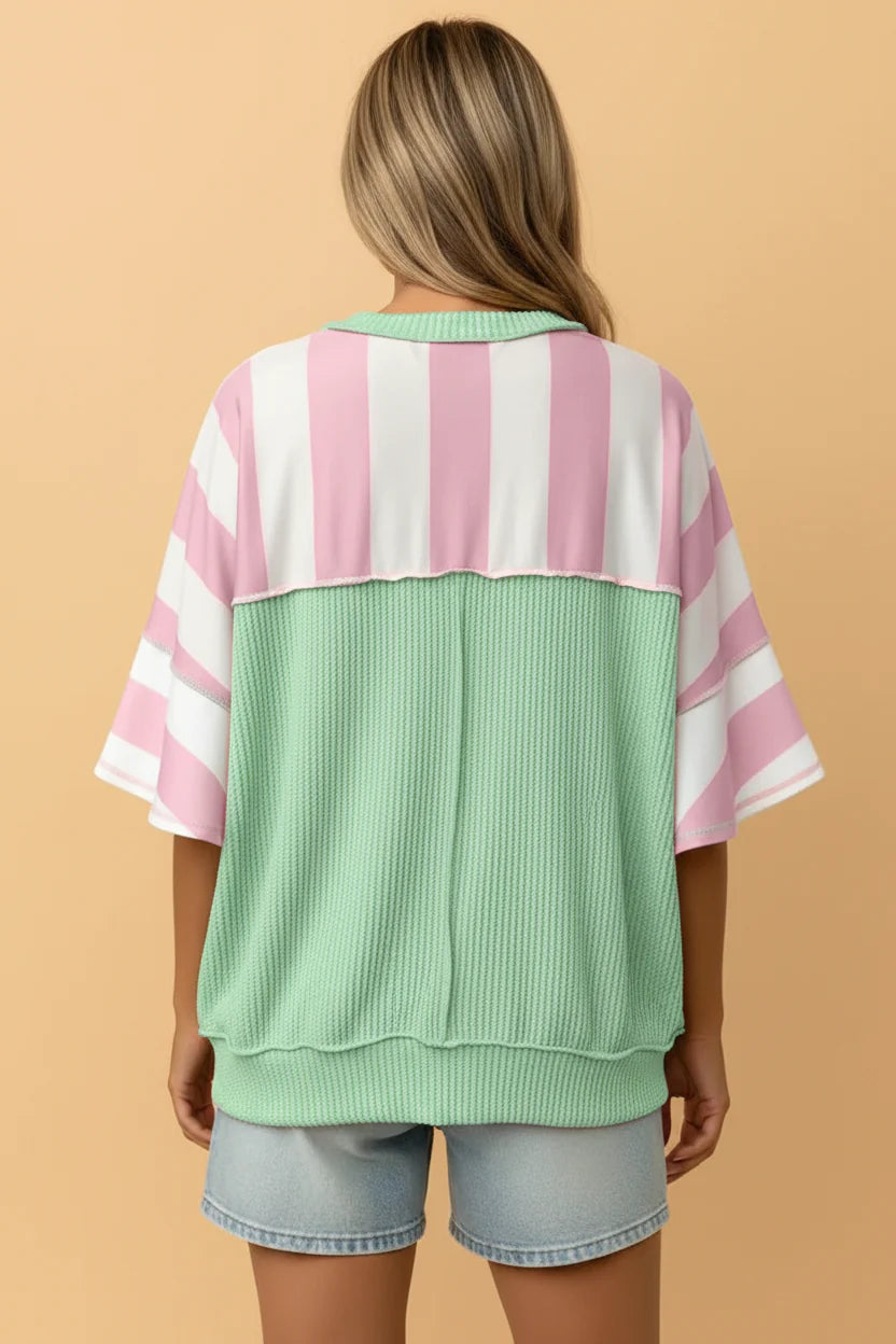 Stripe Exposed Seam Ribbed Patchwork Oversized Tee