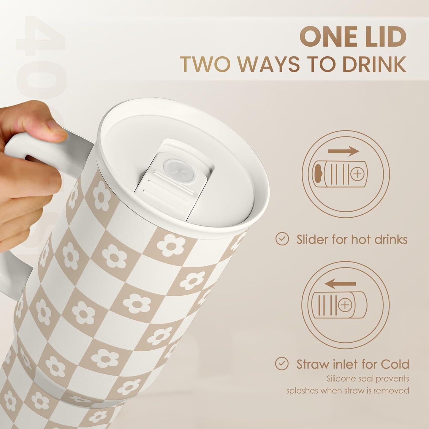 Brown Checker Daisy Slidemate | Slider Tumbler with Handle 40oz