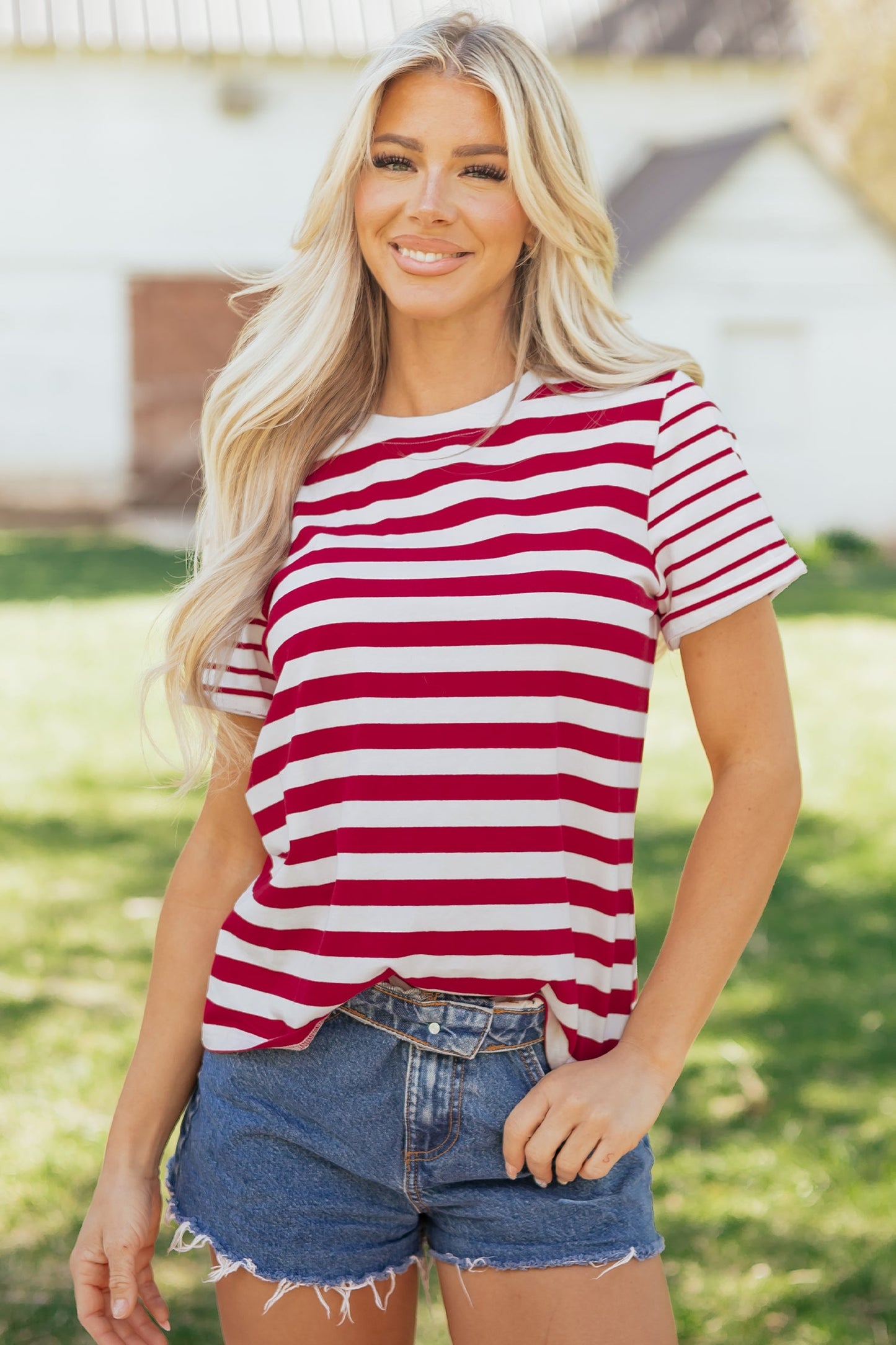 Stripe Patchwork Round Neck Short Sleeve T-Shirt