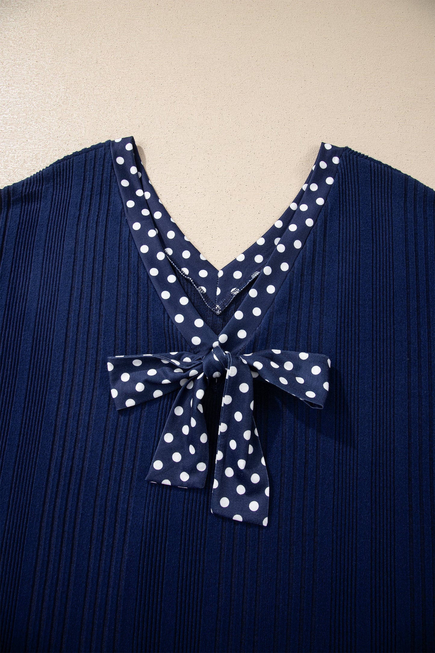 Polka Dot Patchwork Bow Tie V-Neck Top