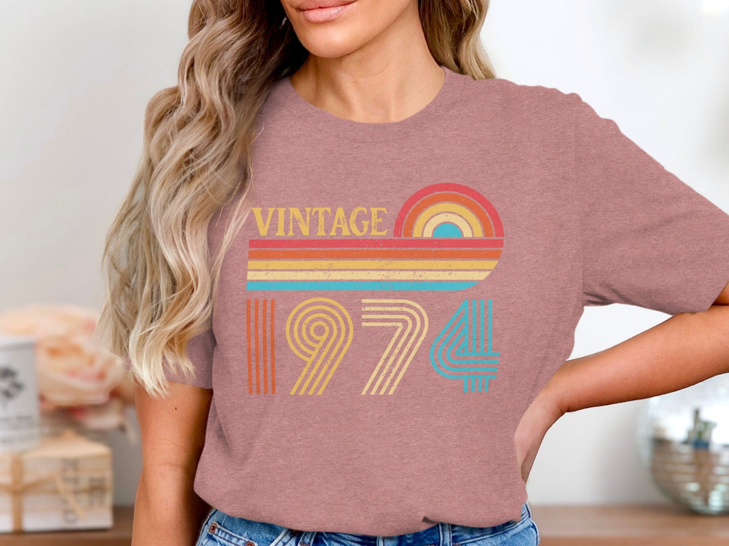 Vintage 1974 Retro Rainbow Distressed Design T-Shirt