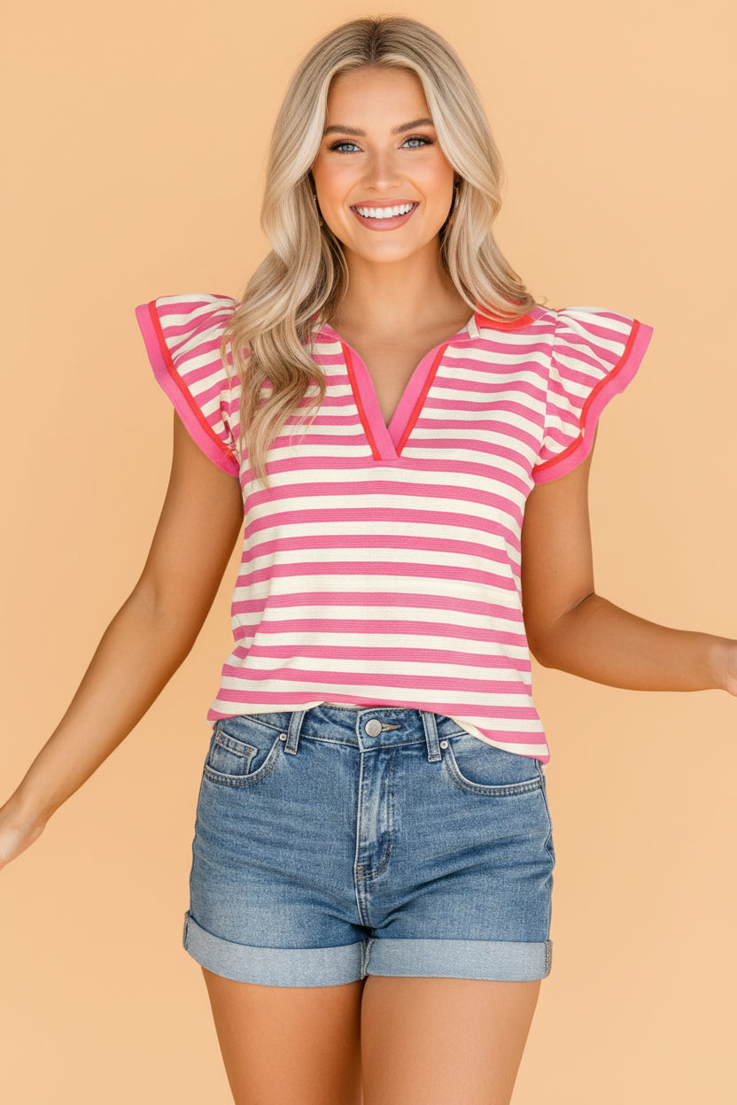 Stripe Contrast Trim Polo Collar Ruffle Sleeve Blouse