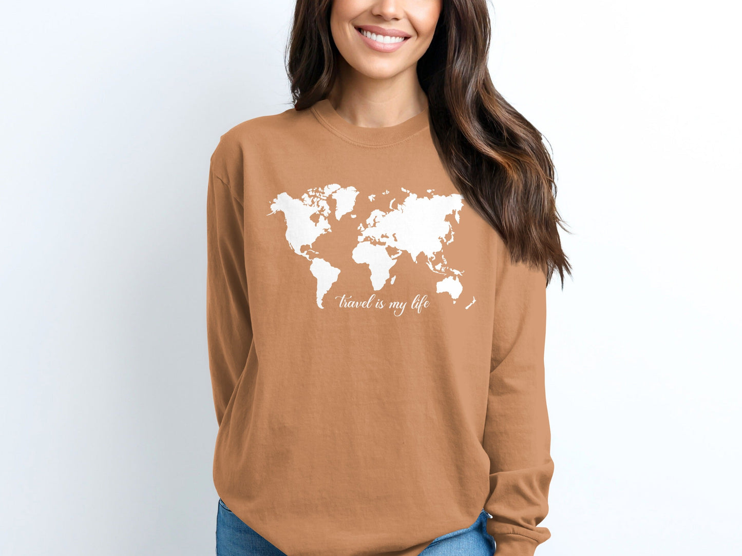 Travel Is My Life World Map Simple Modern Long Sleeve T-Shirt
