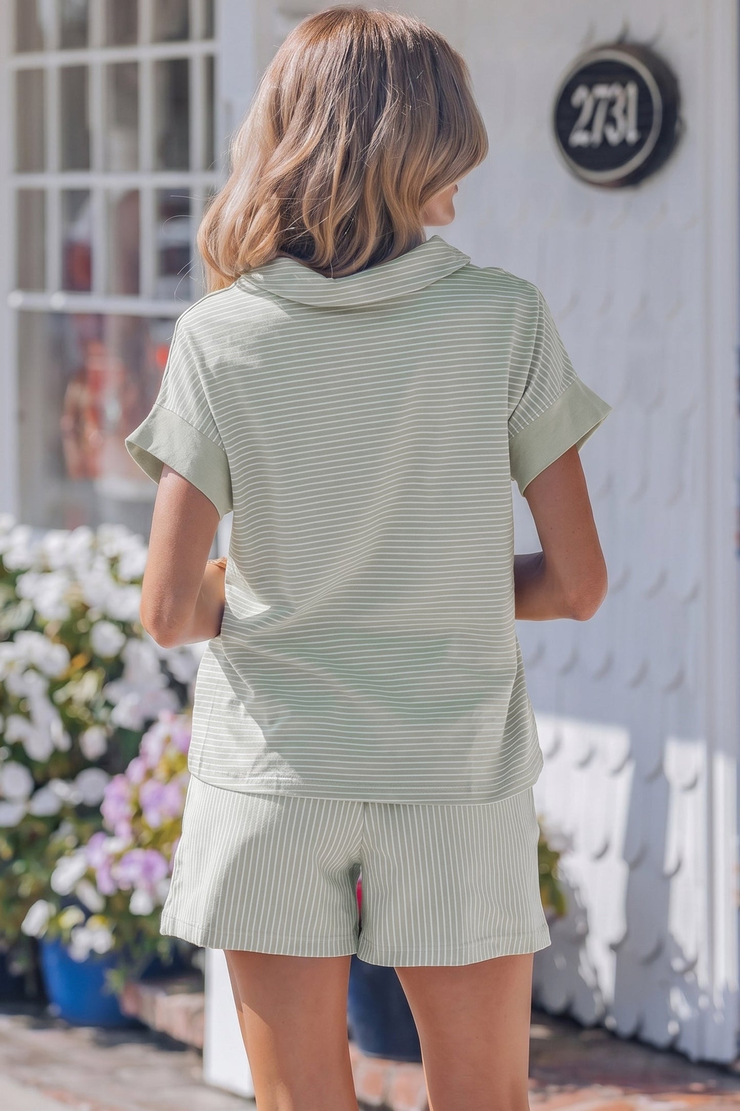 Stripe Dolman Sleeve Polo Shirt & Drawstring Shorts Set