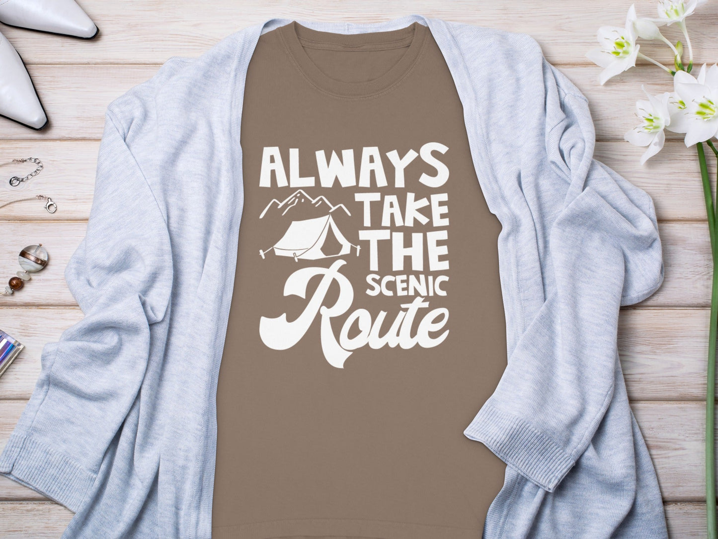 Always Take Scenic Route Camping Adventure Long Sleeve T-Shirt