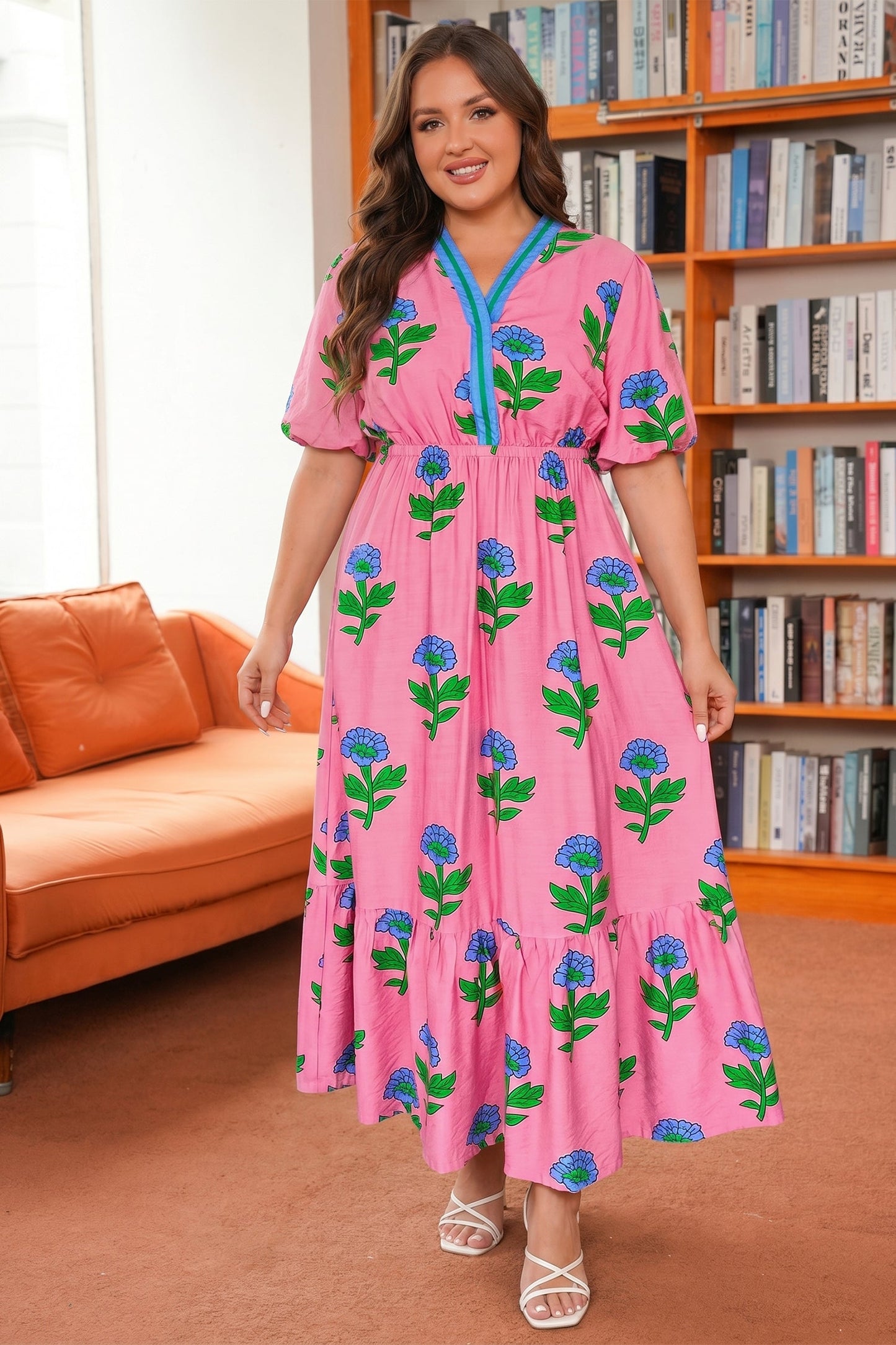 Plus Size Floral Stripe V-Neck Ruffle Maxi Dress