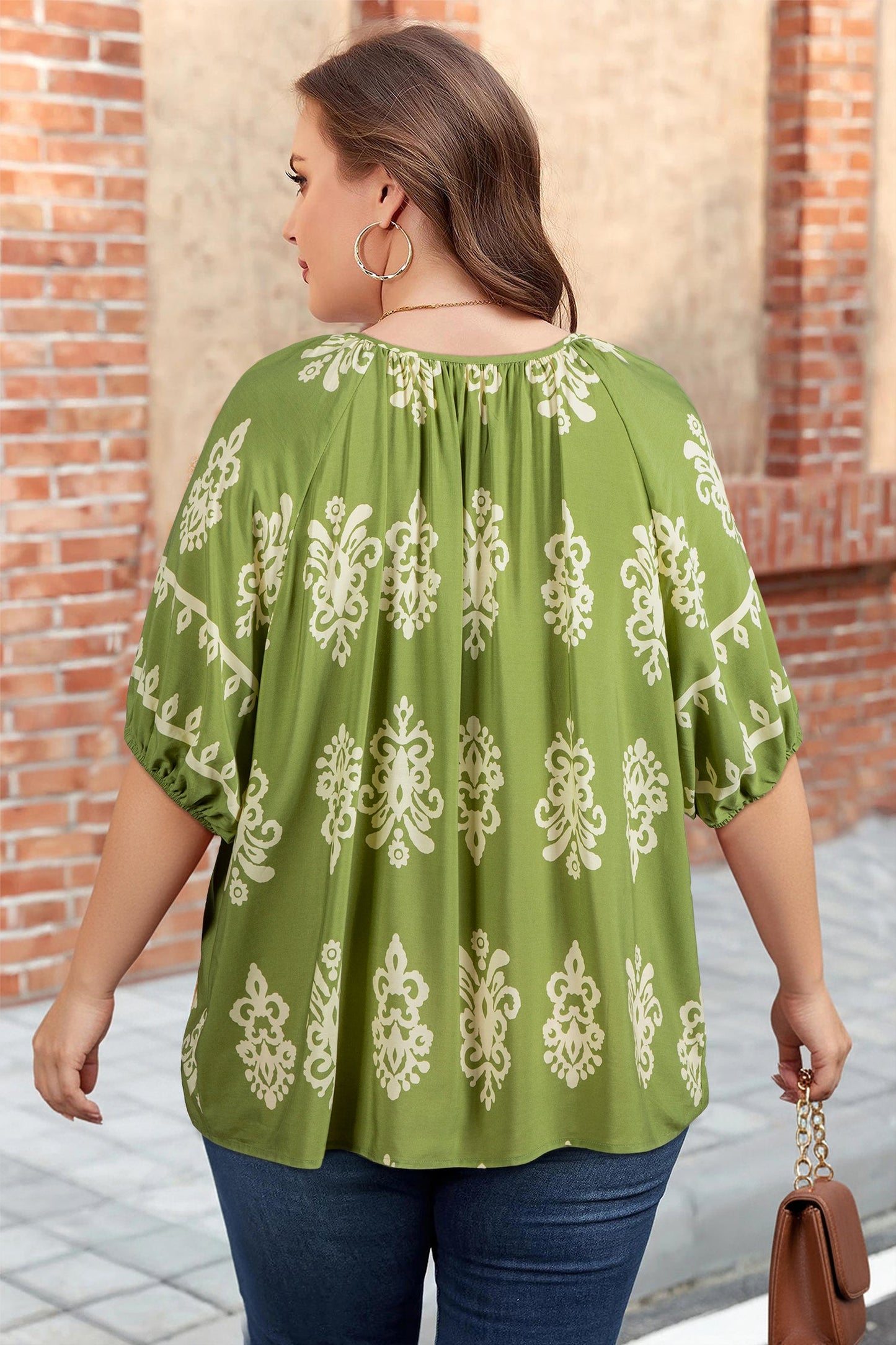 Yellow Boho Chic Notched V Neck Plus Floral Short Sleeve Top