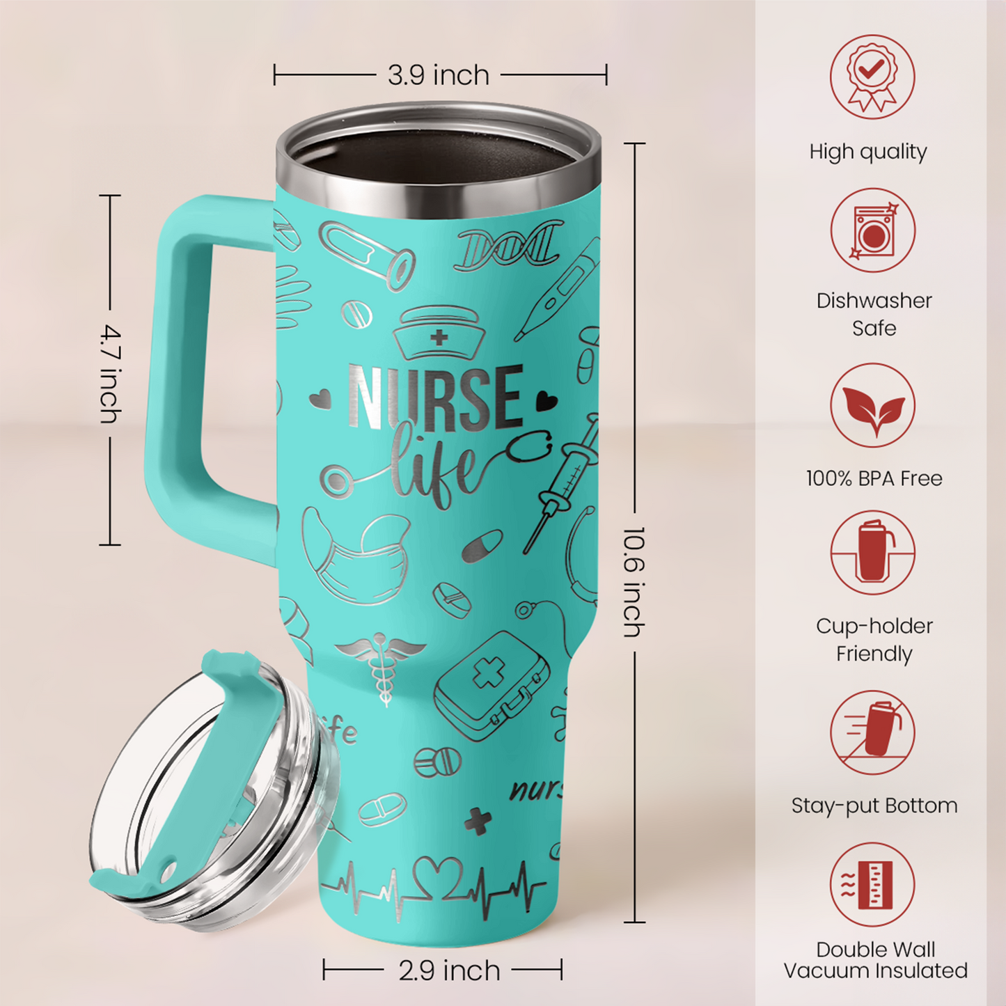 Mint Nurse Quencher Tumbler with Handle 40oz