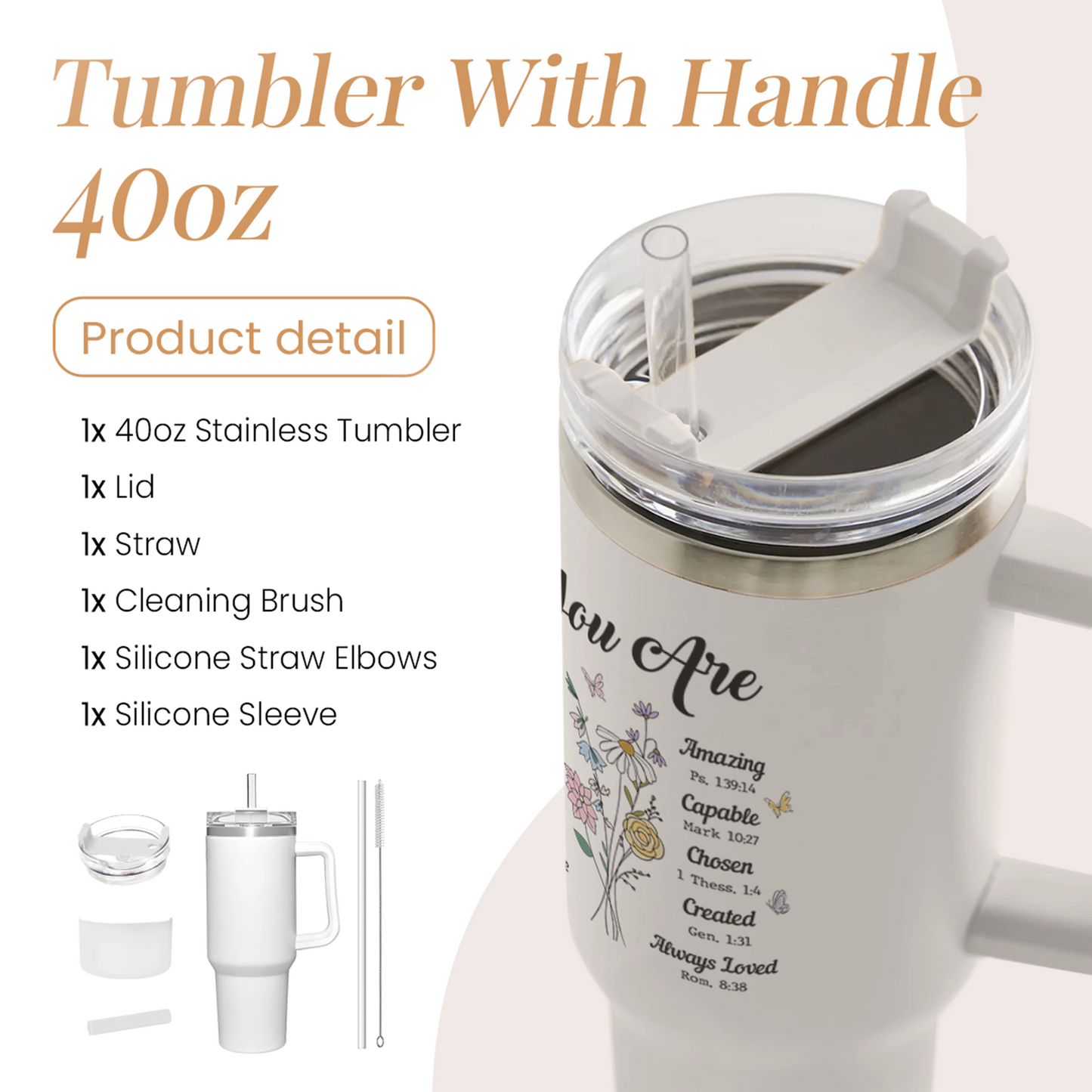 White Christian Quencher Tumbler with Handle 40oz