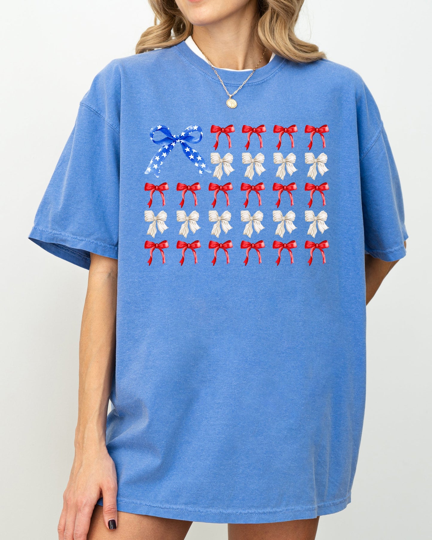Flag Ribbons and Bows, America, Fourth Of July, Red White Blue, USA, Patriotic, Girly, Coquette, Trendy Shirt Comfort Colors T-Shirt