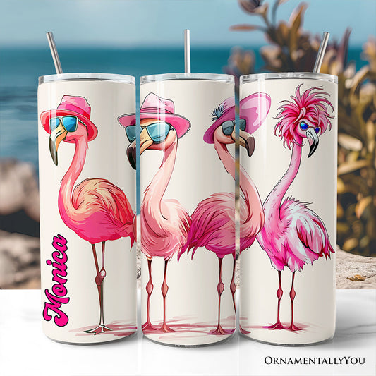 Stylish Summer Flamingo 20oz Personalized Tumbler With Lid and Stainless Steel Straw, Retro Tropical Birds Gift Cup