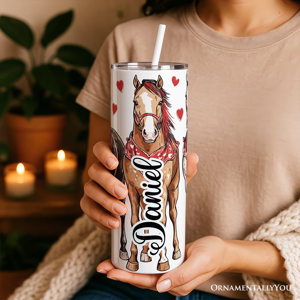 Valentine Horses Western Pattern 20oz Personalized Tumbler With Lid and Stainless Steel Straw, Cute Country Travel Mug Gift
