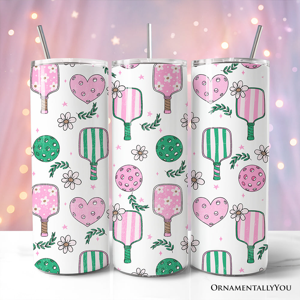 Sporty Coquette Pink Retro Pickleball 20oz Personalized Tumbler With Lid and Stainless Steel Straw, Valentine Travel Mug Gift