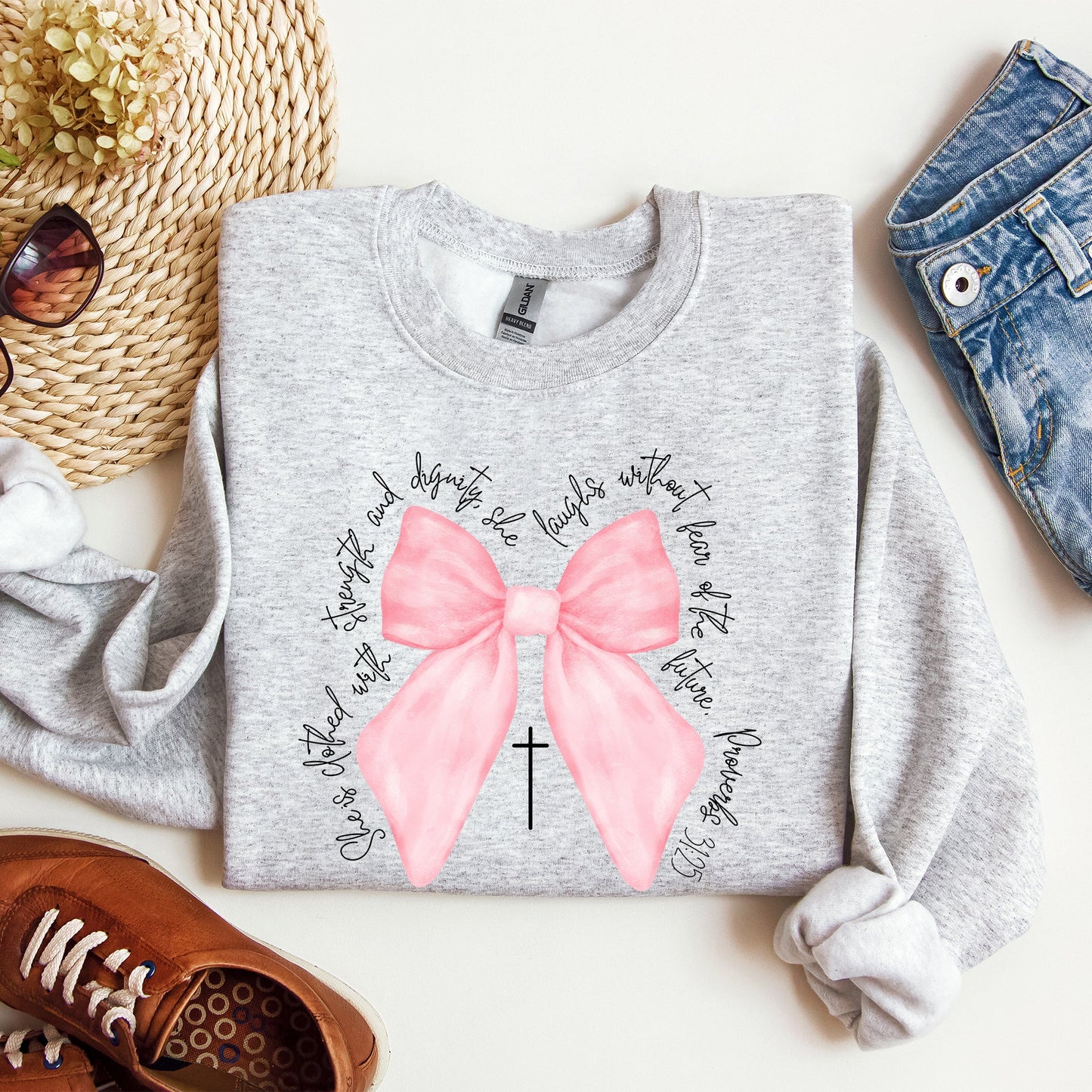 She Is Clothed With Strength and Dignity, Proverbs, Bows, Ribbon, Girly, Religious, Christmas, Faith Sweatshirt