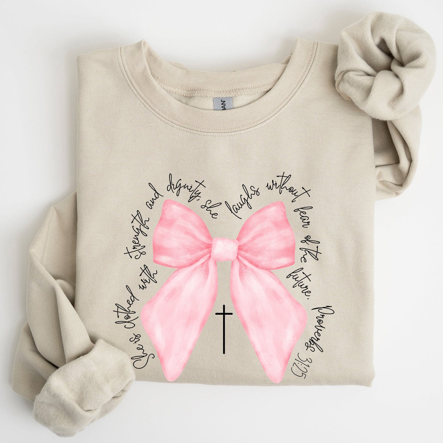 She Is Clothed With Strength and Dignity, Proverbs, Bows, Ribbon, Girly, Religious, Christmas, Faith Sweatshirt