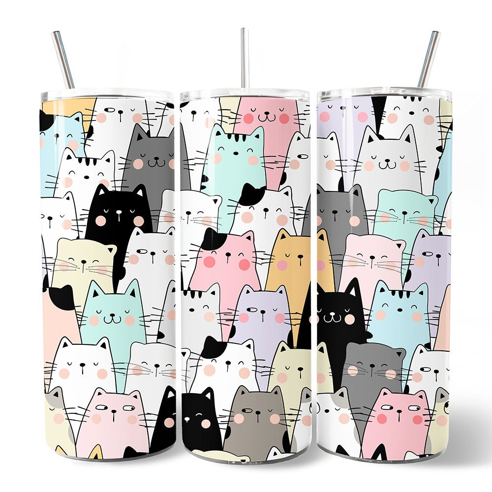 Cute Cats 20oz Personalized Tumbler With Lid and Stainless Steel Straw, Cozy Cat Owner Travel Mug Gift