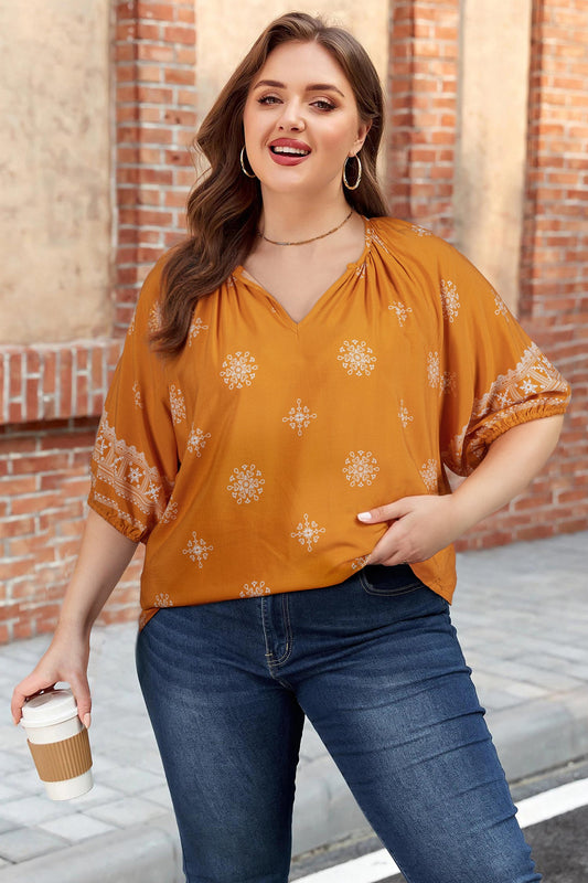 Yellow Boho Chic Notched V Neck Plus Floral Short Sleeve Top