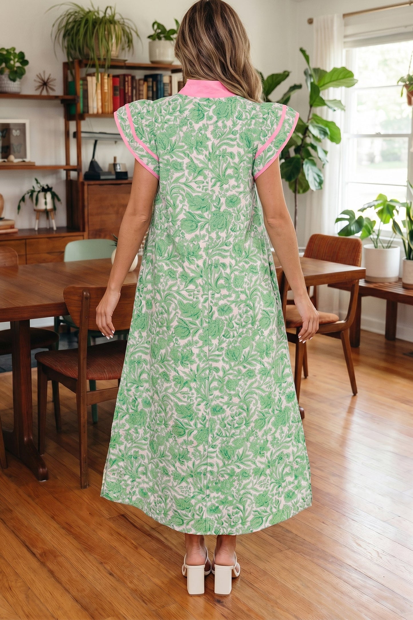 Floral Colorblock Patchwork V-Neck Midi Dress