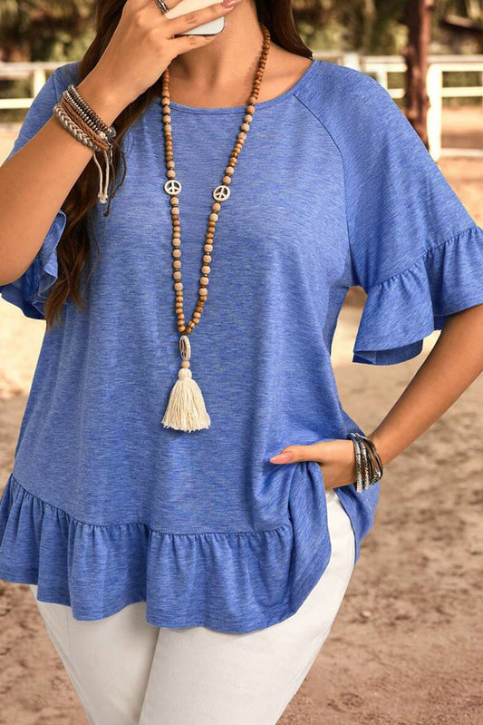 Dusk Blue Ruffle Hem Plus Size Flowy Blouse