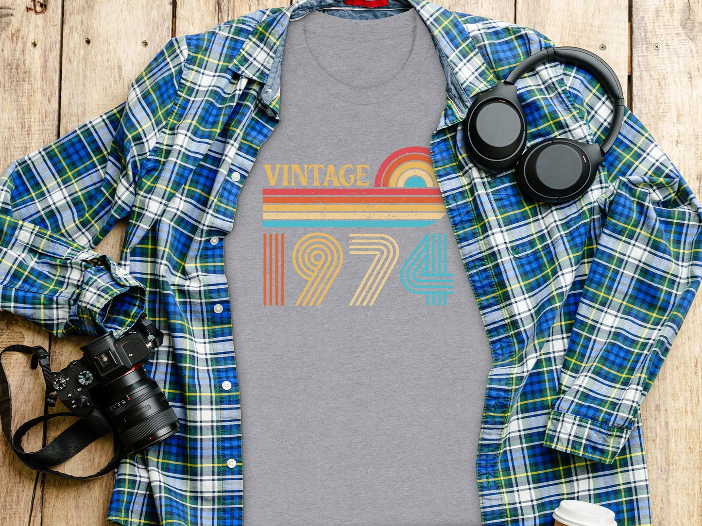 Vintage 1974 Retro Rainbow Distressed Design T-Shirt