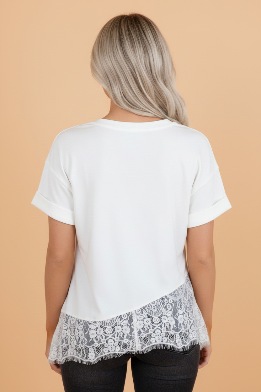 Solid Asymmetric Lace Hem Patchwork T-Shirt