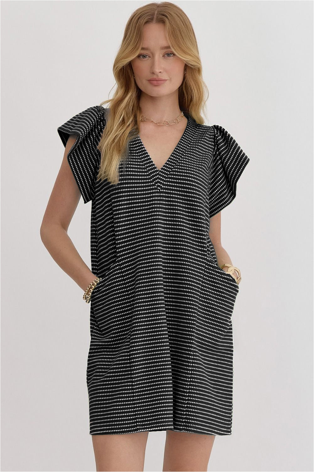 Blue Stripe Textured Knit V Neck Flutter Sleeve Shift Mini Dress