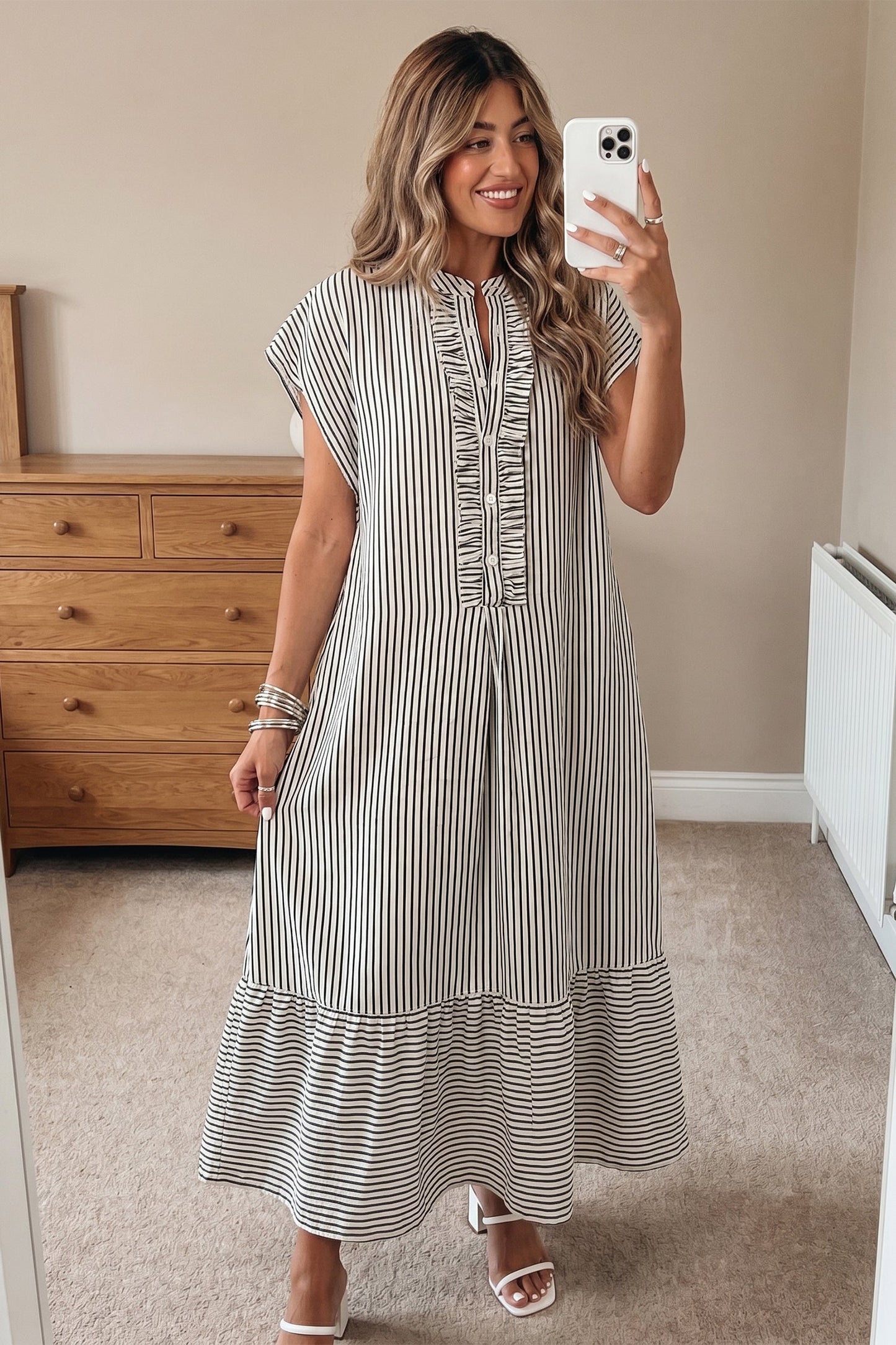 Stripe Frilled Half Buttoned Maxi Dress