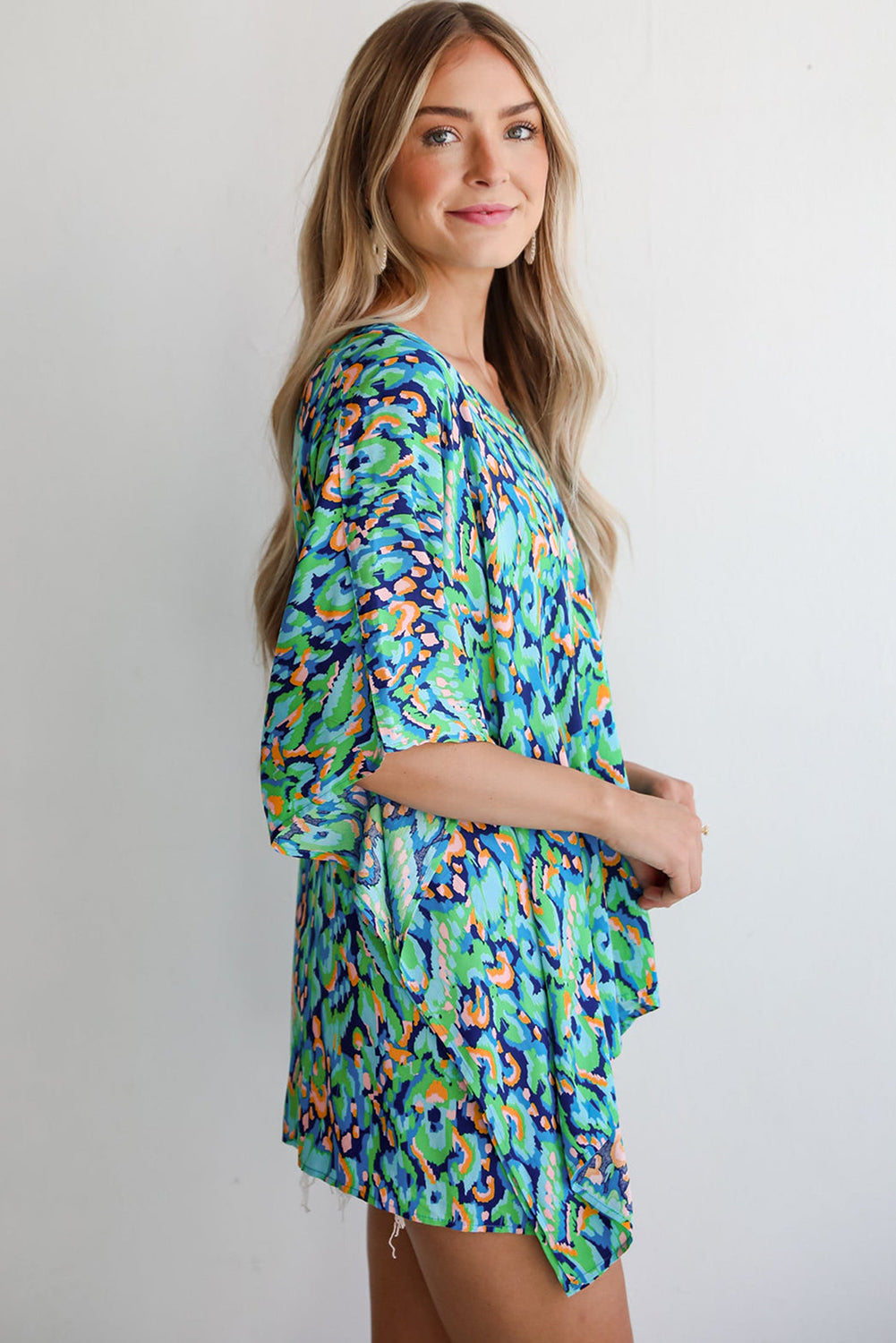 Pink Abstract Print V Neck Half Sleeve Loose Fit Tunic Blouse